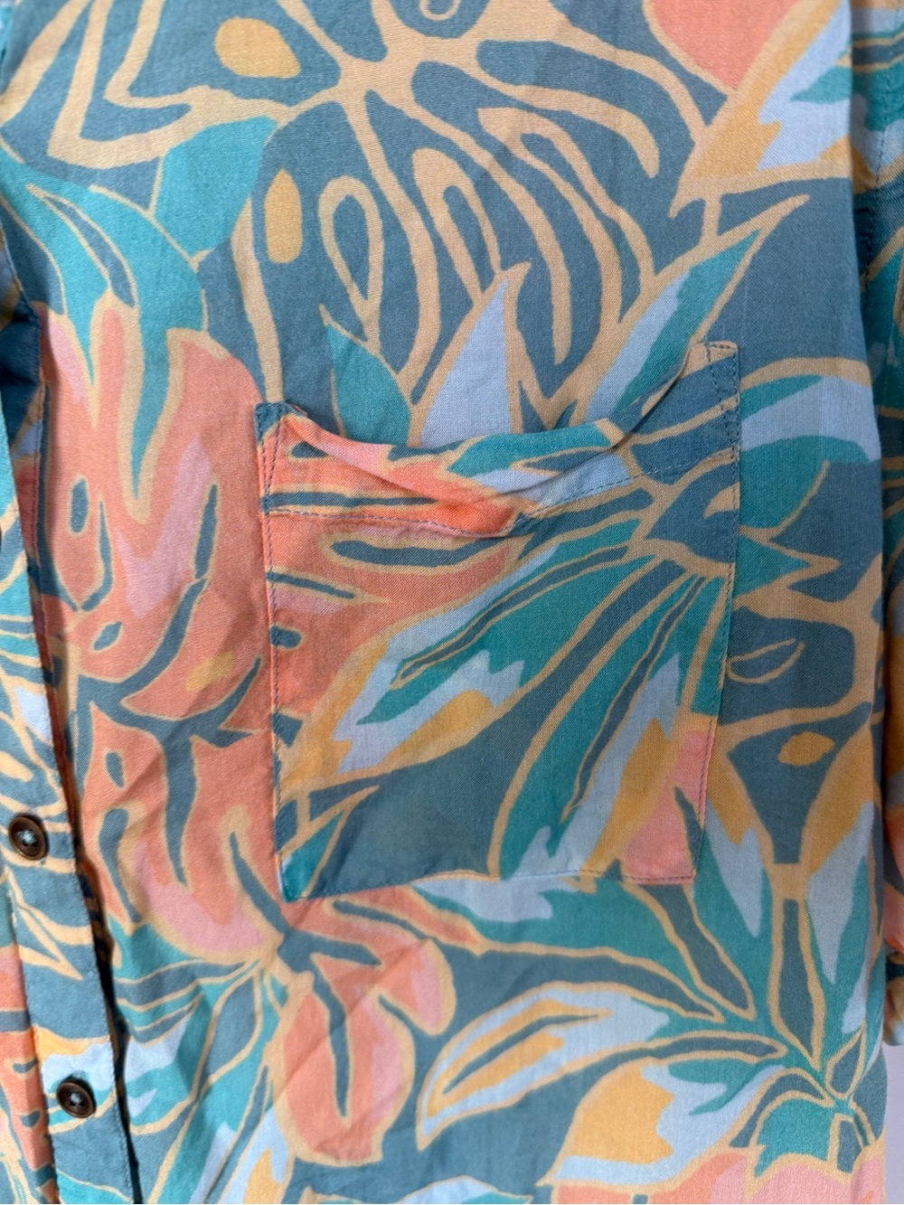 Jen’s Pirate Booty Tropical Button-Up Shirt - Teal & Peach Medium Hawaiian top - Picture 5 of 6
